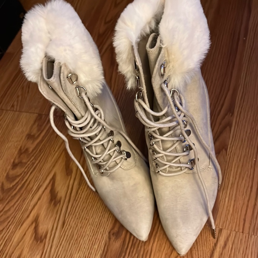 Size 6 fluffy beige, white high heel boots